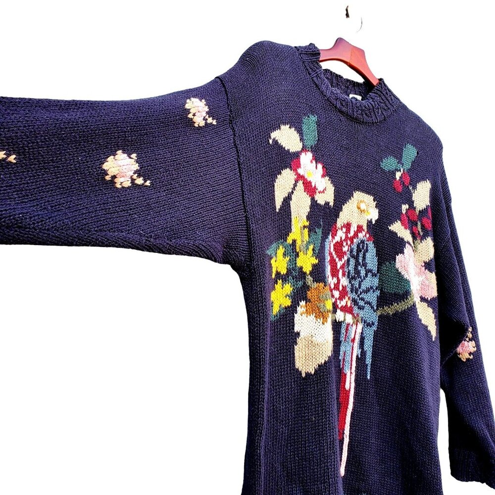80s Sweater Plus Size Black Knit Parrot Tarazzia Cotton Volup Vintage Hong Kong - Picture 2 of 15